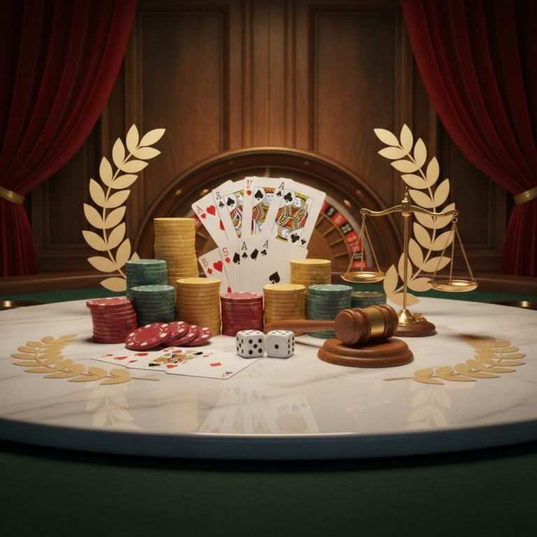 Casino gaming table with chips, cards, and dice for crusino casino review