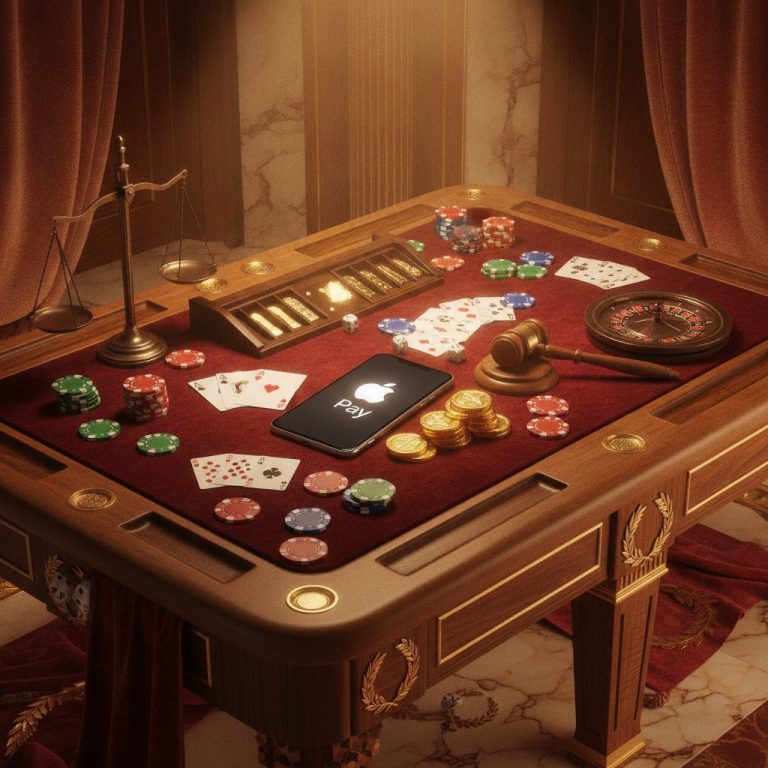 Casino gaming elements including poker chips, cards, and gold coins arranged on a table surface near a device with Apple Pay interface