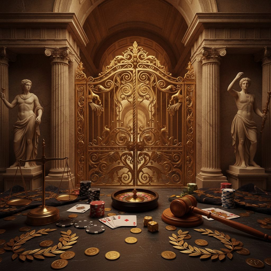 Ornate golden gates with classical architectural elements and scattered coins, representing the Gates of Olympus pokie game theme