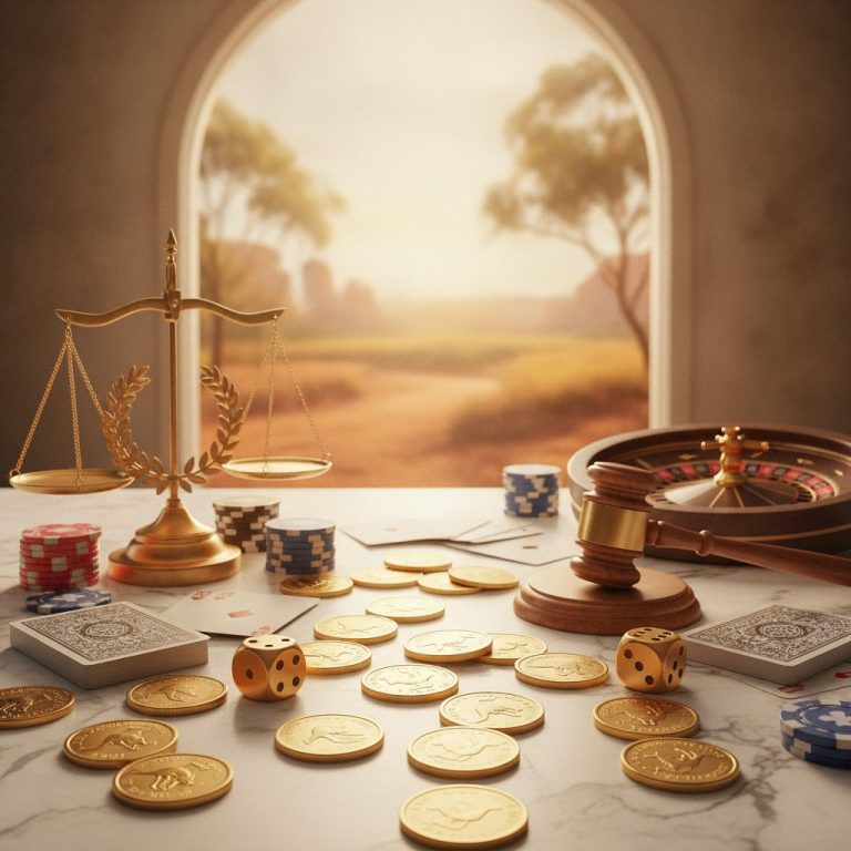Gold coins, dice, and playing cards on marble surface representing low wagering casino options in Australia