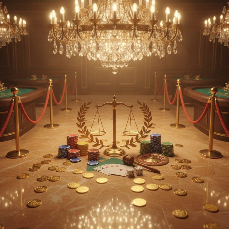 Casino gaming elements including gold coins, chips, and marble surfaces with elegant lighting