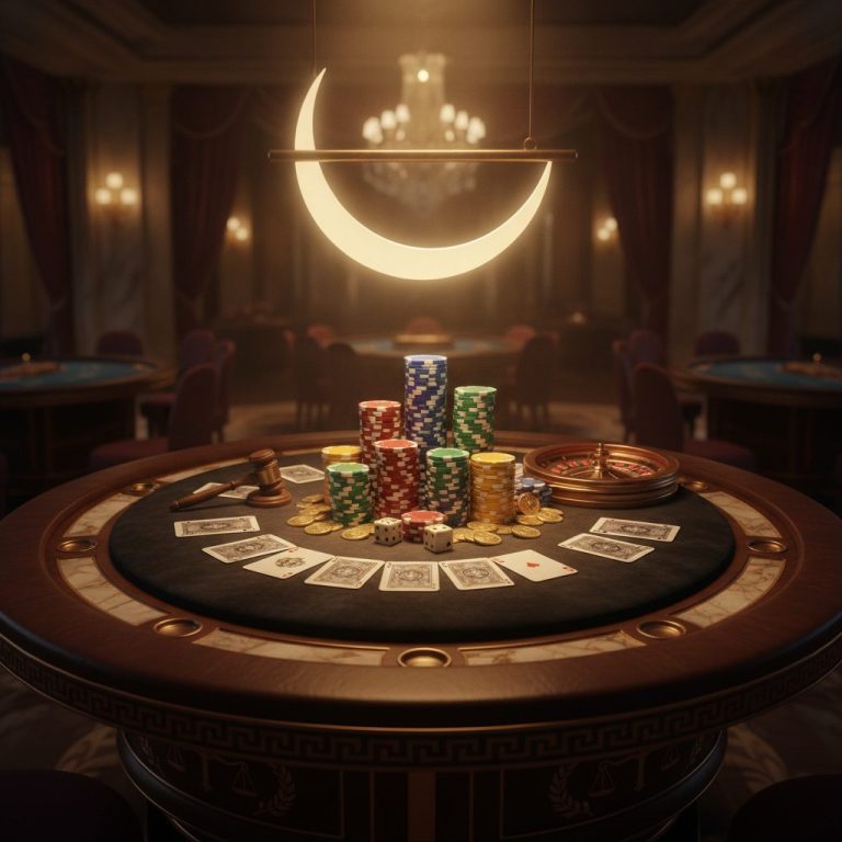 Casino gaming setup with poker chips, cards, and coins on velvet surface under moonlit lighting