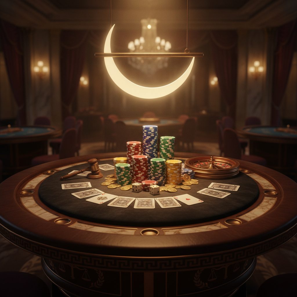 Casino gaming setup with poker chips, cards, and coins on velvet surface under moonlit lighting