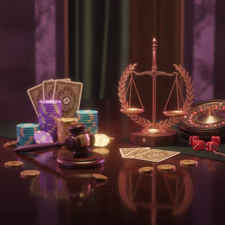 Casino chips and coins on timber surface with purple lighting, representing Neosurf casino payments in Australia