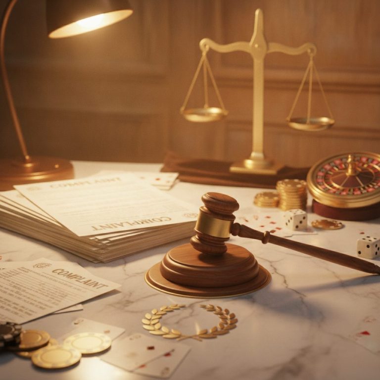 Gavel and complaint documents on marble desk representing online casino complaints and dispute resolution in Australia