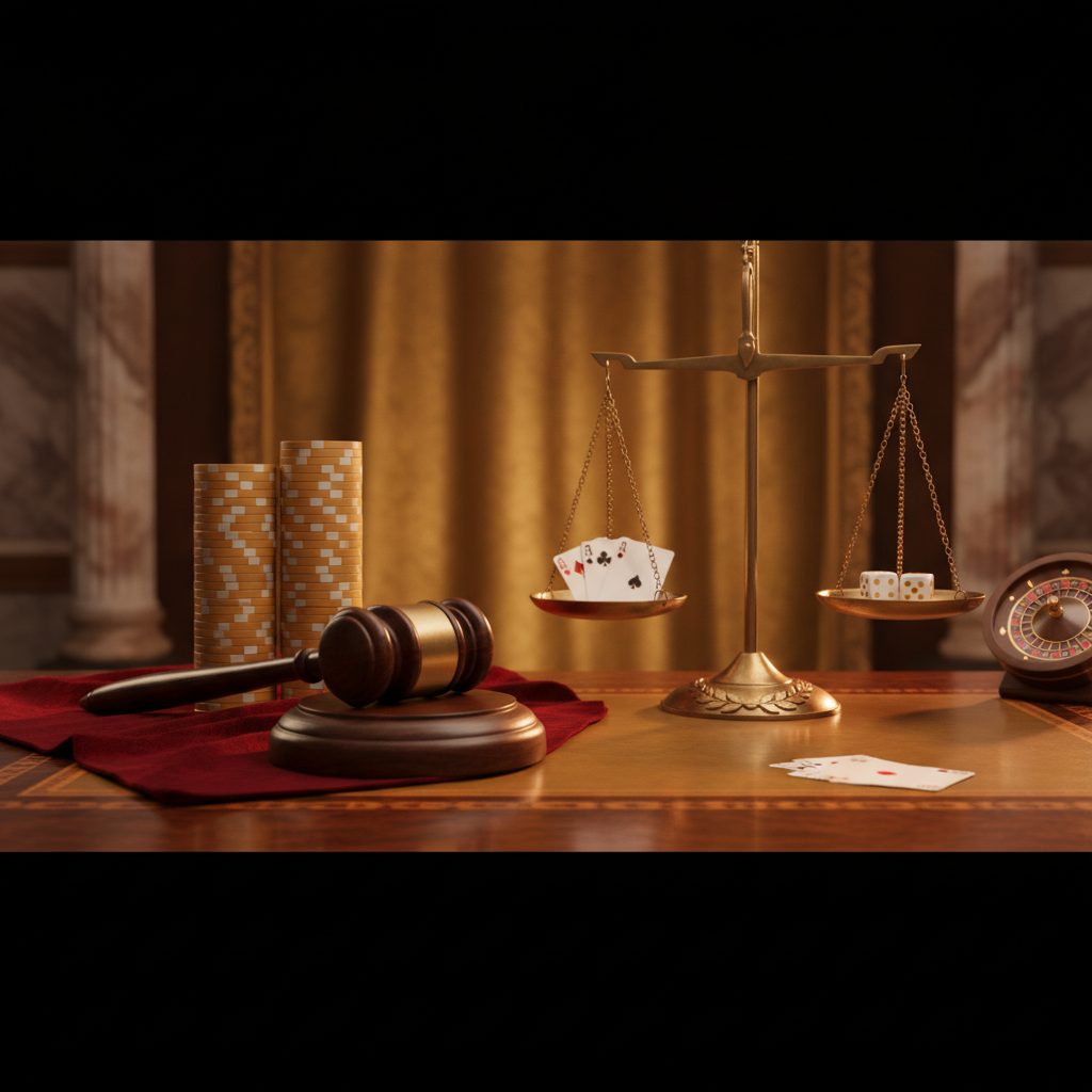 Poker chips and gavel on timber surface representing responsible gambling practices in Australia