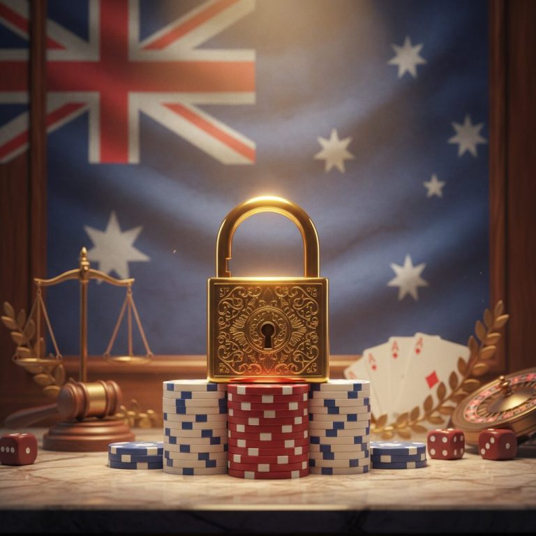 Security symbolism for online casinos: padlock, poker chips, and marble surface representing safety and trust in Australian gaming