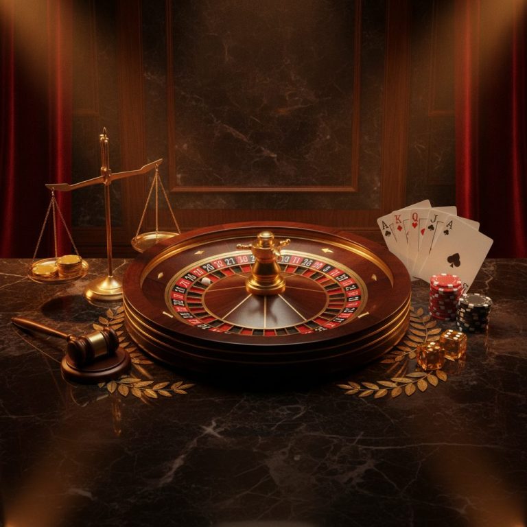 Close-up of a roulette wheel with red and black sections on a marble surface, representing casino gaming equipment
