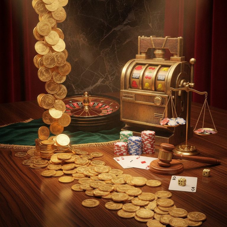 Golden coins and pokie machine reel symbols on timber surface, illustrating RTP concept in pokies games