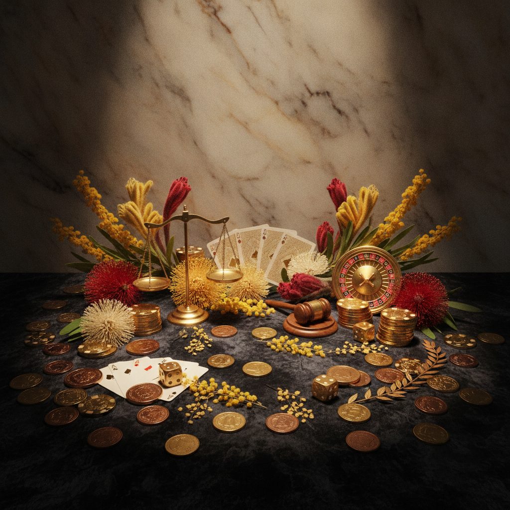 Promotional bonus codes concept: gold coins and Australian flora arranged on luxury fabric surface with dramatic lighting